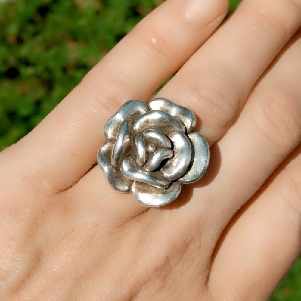 Vintage Sterling Silver Chunky Rose Flower Ring